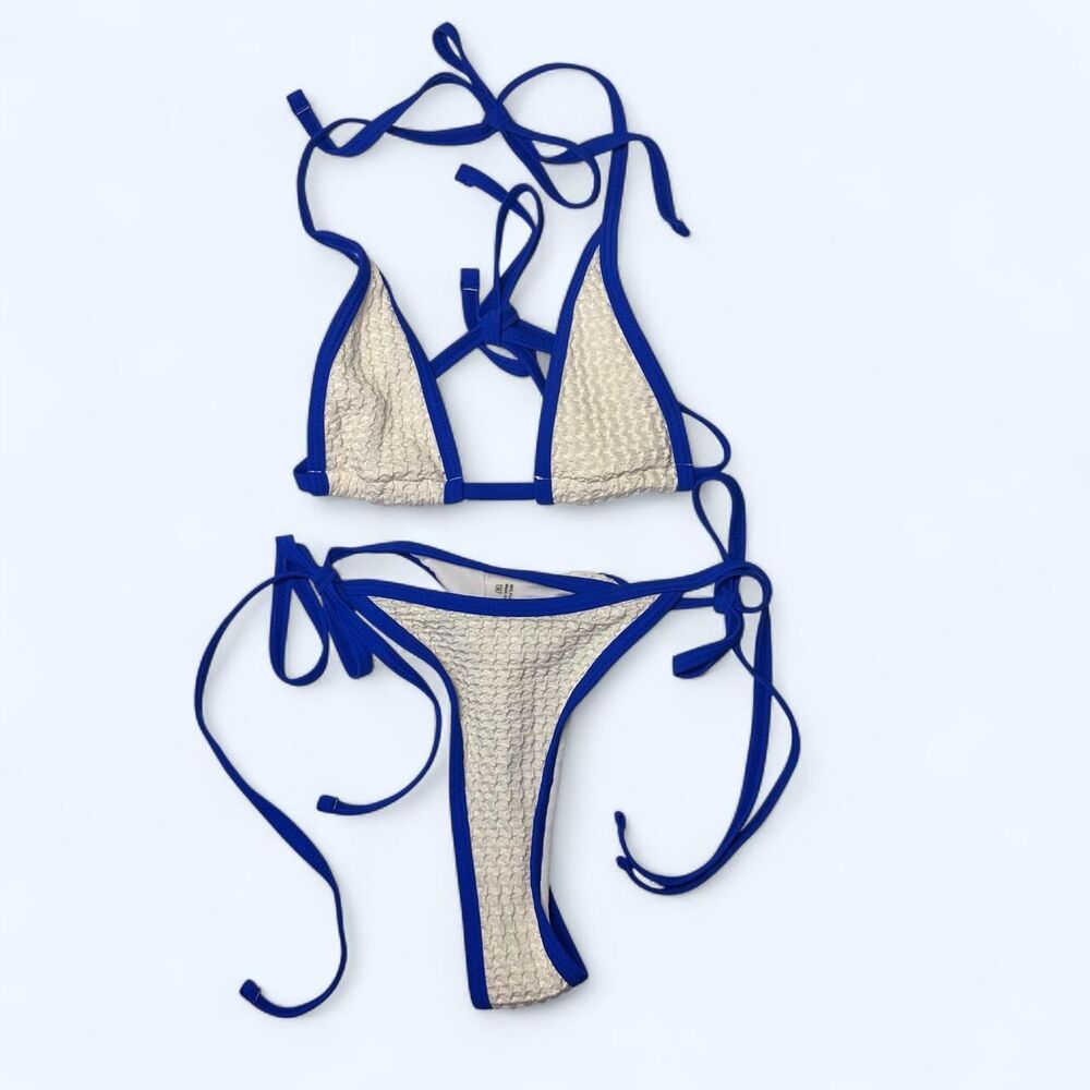 Textured Crinkle Two Piece Bikini Set White Royal Blue Trim Swimsuit Size M